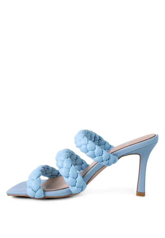 Light blue braided slide sandals with woven upper and stiletto heel