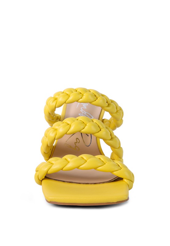 Yellow braided slide sandals with crisscross straps and open toe