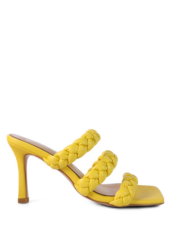 HIGH BAE braided heeled sandals, yellow, angled side view with high stiletto heel