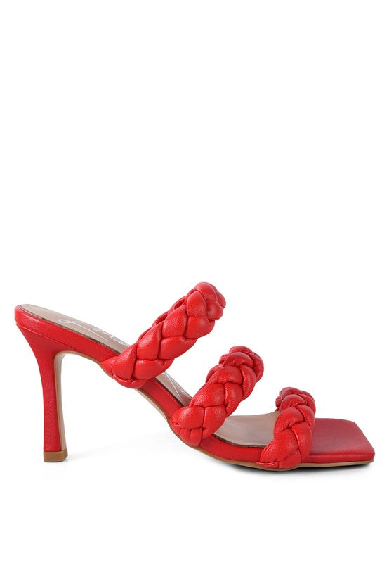 HIGH BAE braided mule sandals, red, open toe and high stiletto heel