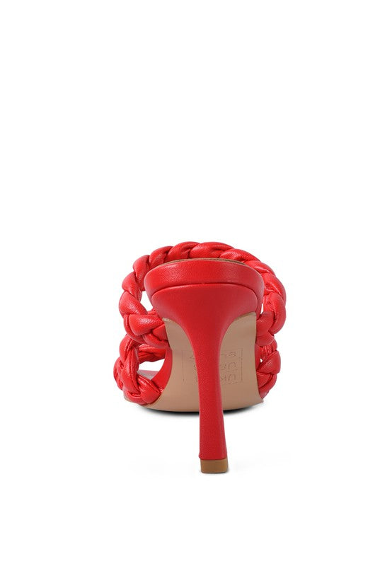 HIGH BAE braided heeled sandals, red, back view with high stiletto heel