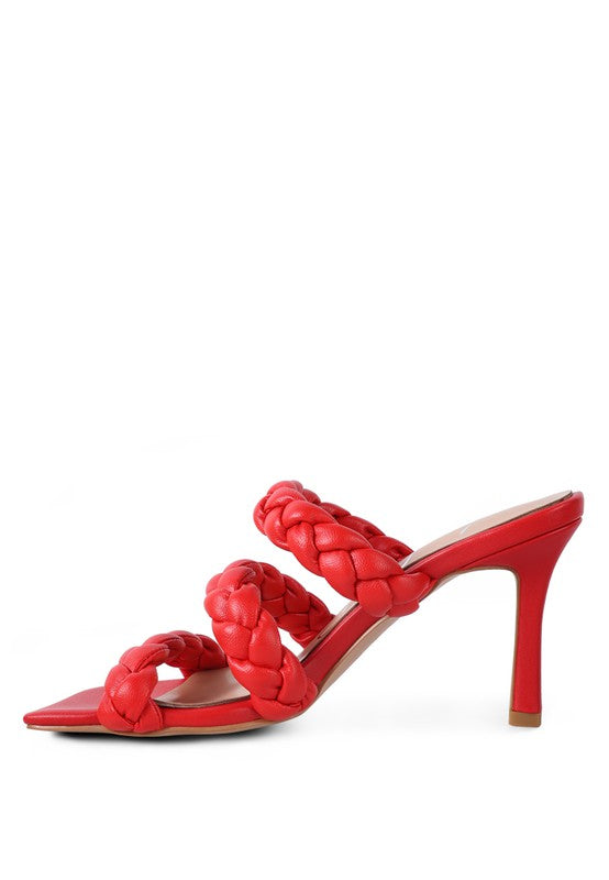 HIGH BAE pointed-heel braided sandals, red, woven crisscross slide straps