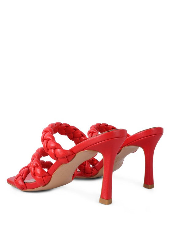 HIGH BAE braided heeled sandals, red, side view with woven crisscross straps