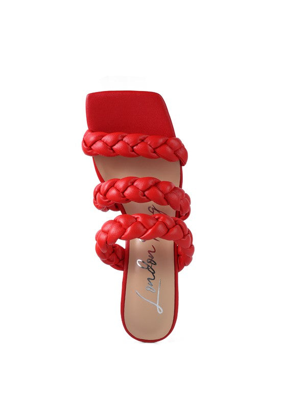 HIGH BAE braided heeled sandals, red, triple braid across the open vamp