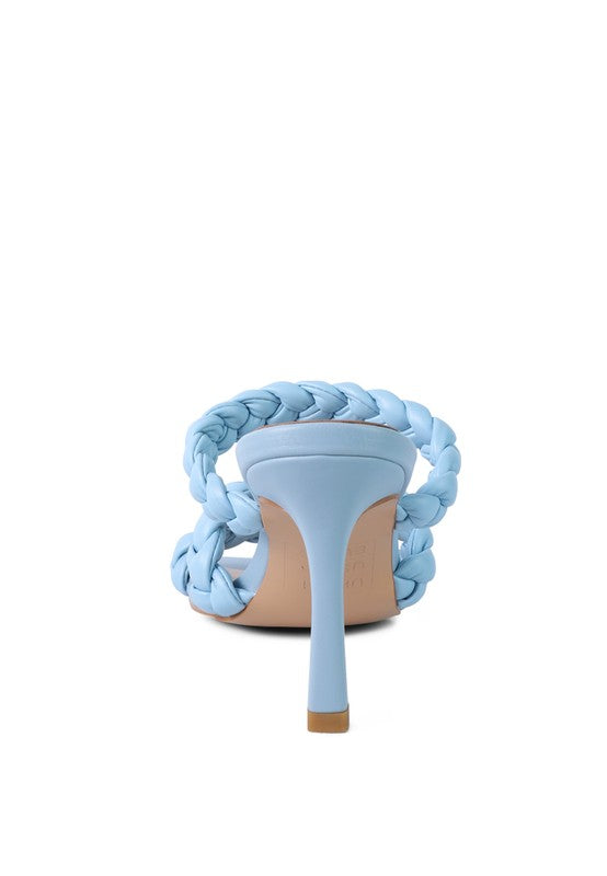 Light blue braided sandals with pointed stiletto heel and woven back straps