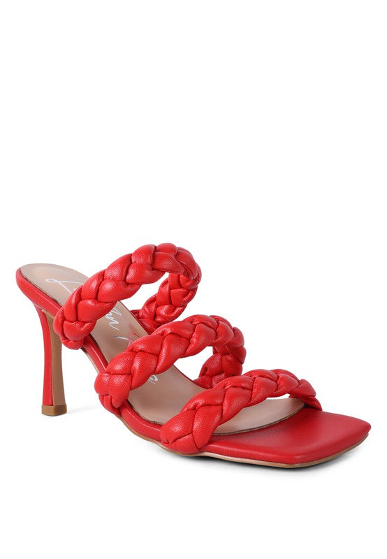 HIGH BAE pointed-heel braided sandals, red, triple knot straps