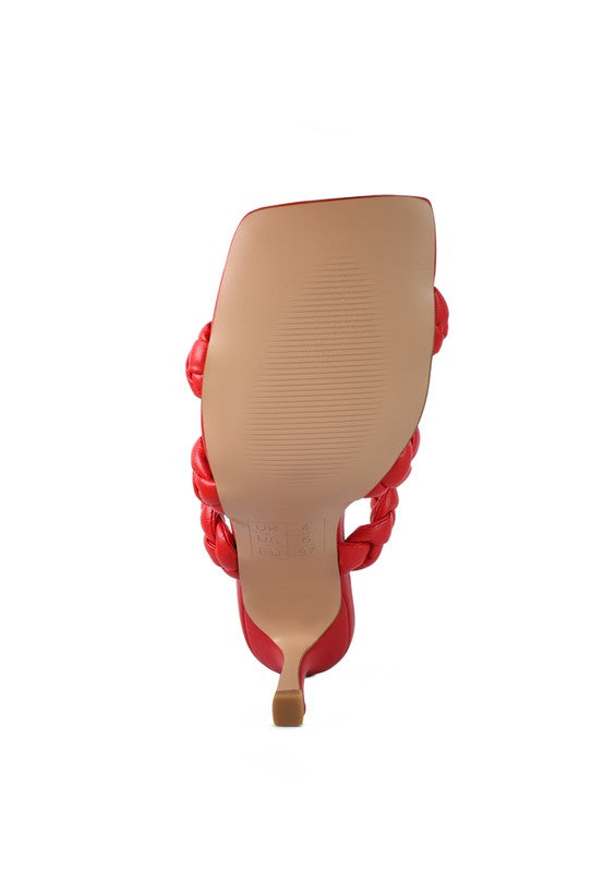 HIGH BAE braided slide sandals, red, heel and woven strap detail