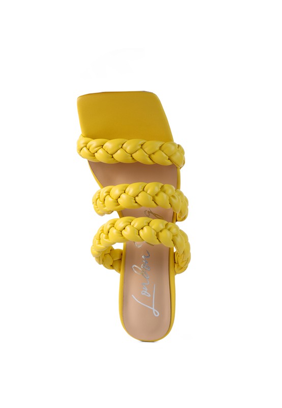 Pointed-heel braided sandals, yellow, with woven crisscross straps