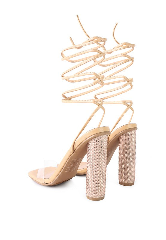 Latte lace-up high heel sandals with tall jeweled heel and ankle ties