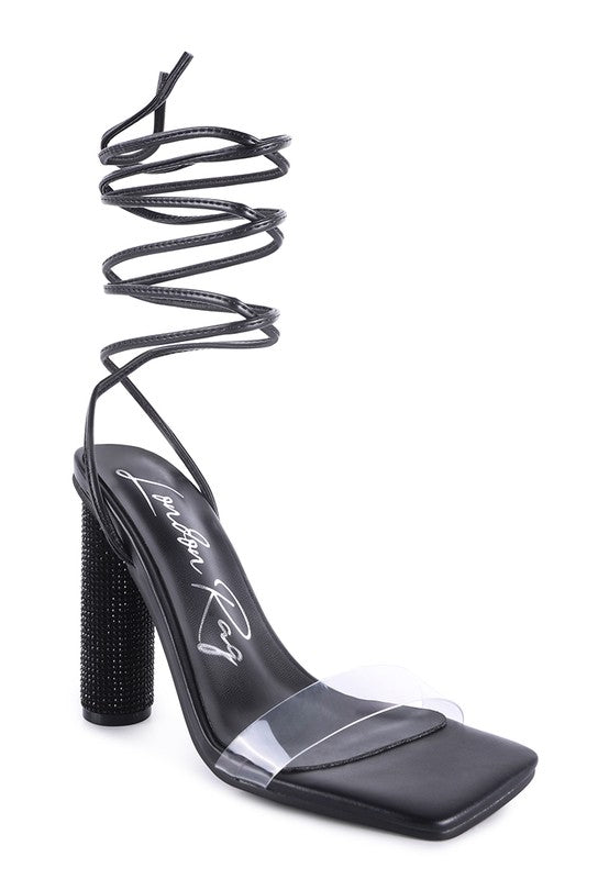 Black lace-up diamante high heel sandal with clear strap and sparkling block heel