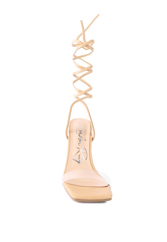 Latte lace-up high heel sandal with pointed toe and tall spiral ankle laces