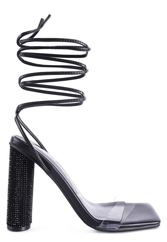 Black lace-up high heel sandal, side angle with spiral ankle laces and block heel