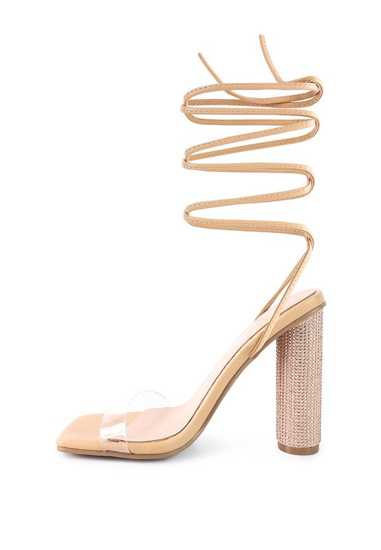 Lace-up diamante high heel sandal in latte, side view with sparkling block heel