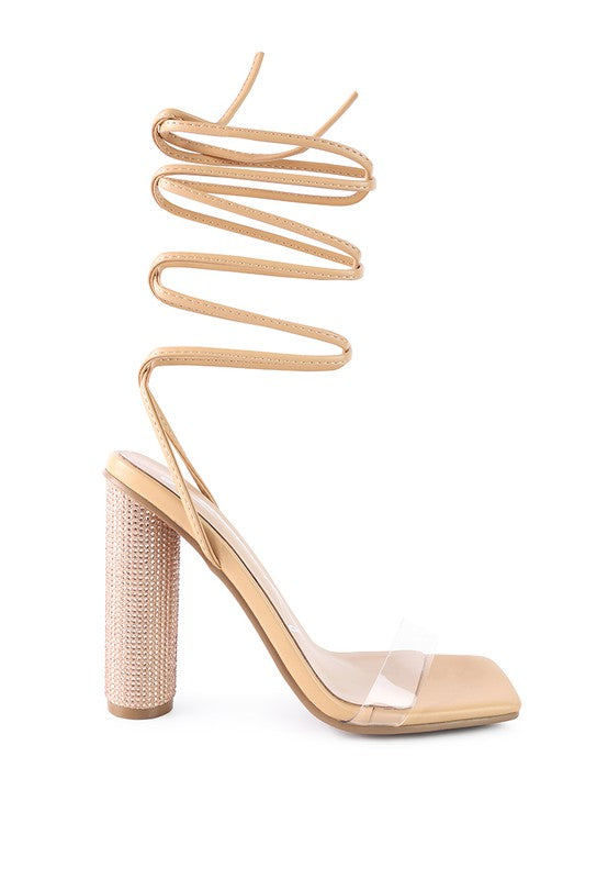 Lace-up diamante high heel sandal in latte with block heel and clear strap