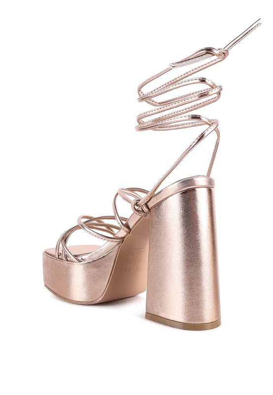 Anvil Metallic Block Heel Lace Up Leg Platform Sandals - Tigbul's Variety Fashion Shop