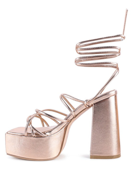 Anvil Metallic Block Heel Lace Up Leg Platform Sandals - Tigbul's Variety Fashion Shop