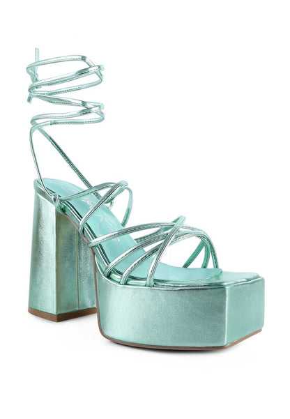 Anvil Metallic Block Heel Lace Up Leg Platform Sandals - Tigbul's Variety Fashion Shop