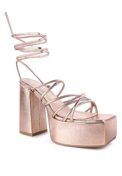 Anvil Metallic Block Heel Lace Up Leg Platform Sandals - Tigbul's Variety Fashion Shop