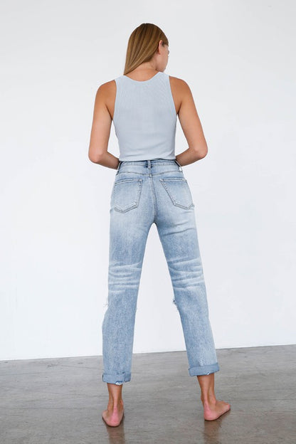 High Waist Destroyed Girlfriend Jeans - Tigbul's Variety Fashion Shop