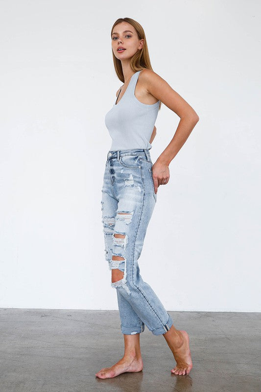 High Waist Destroyed Girlfriend Jeans - Tigbul's Variety Fashion Shop