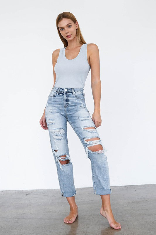 High Waist Destroyed Girlfriend Jeans - Tigbul's Variety Fashion Shop