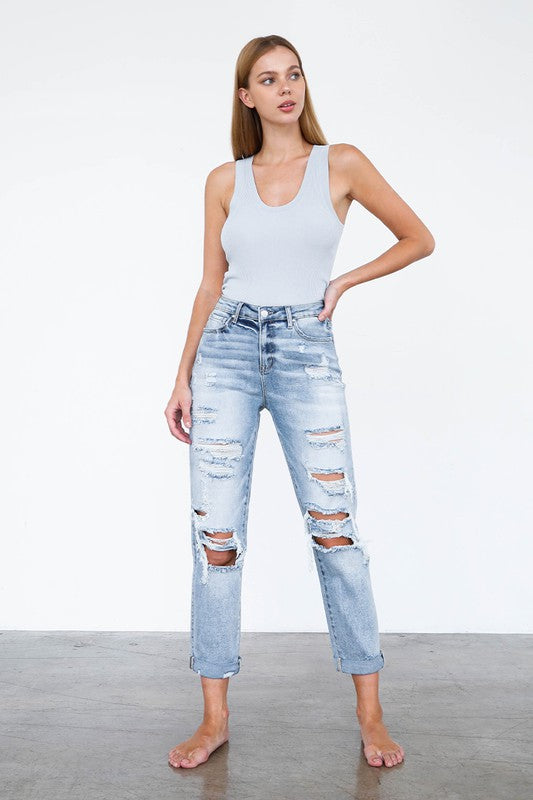 High Waist Destroyed Girlfriend Jeans - Tigbul's Variety Fashion Shop