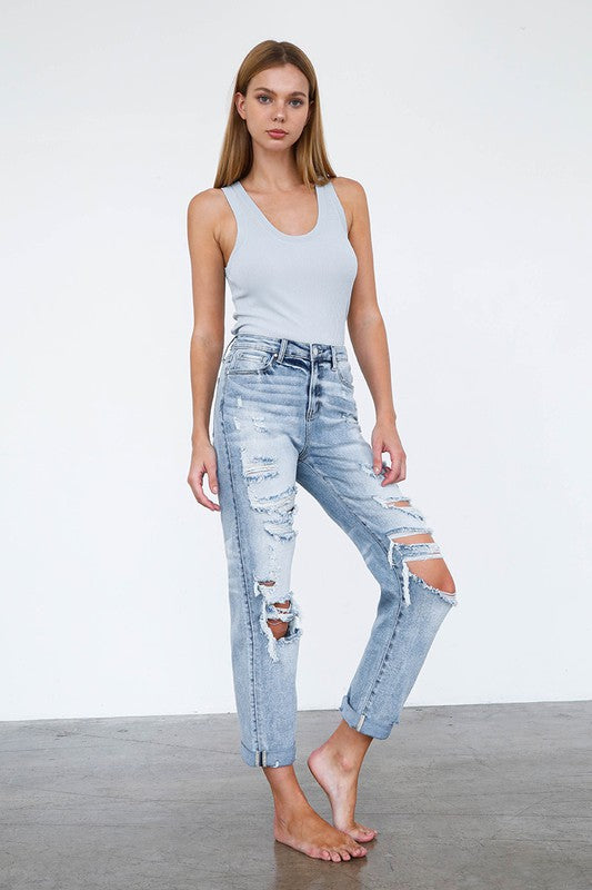 High Waist Destroyed Girlfriend Jeans - Tigbul's Variety Fashion Shop