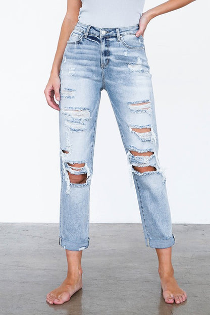 High Waist Destroyed Girlfriend Jeans - Tigbul's Variety Fashion Shop