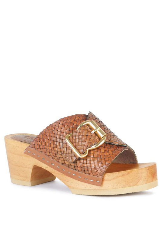 BRAIDED LEATHER BUCKLED SLIDE CLOGS - Tigbul's Variety Fashion Shop