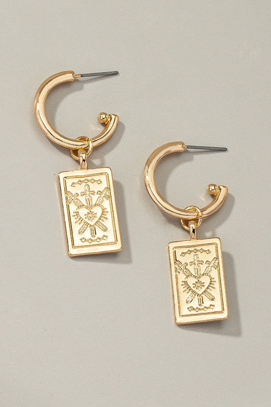 Rectangle drop earrings with etched heart - Tigbul's Variety Fashion Shop