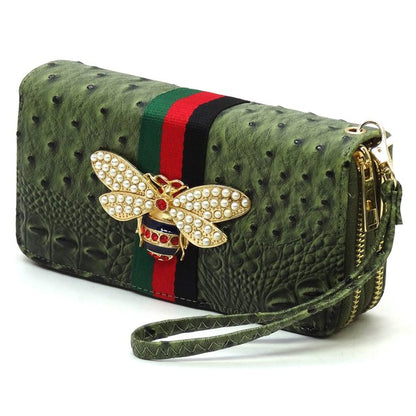 Queen Bee Stripe Ostrich Double Zip Around Wallet - Tigbul's Variety Fashion Shop