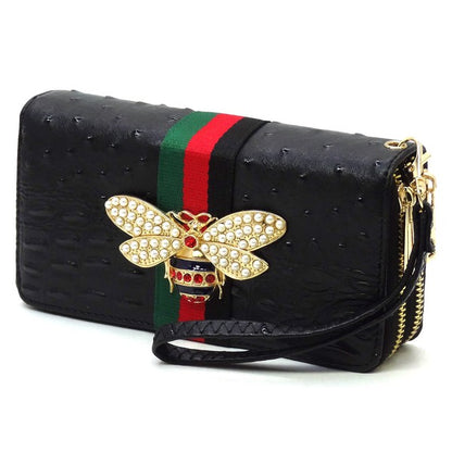 Queen Bee Stripe Ostrich Double Zip Around Wallet - Tigbul's Variety Fashion Shop