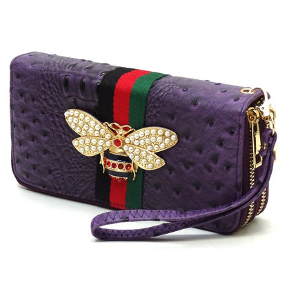 Queen Bee Stripe Ostrich Double Zip Around Wallet - Tigbul's Variety Fashion Shop