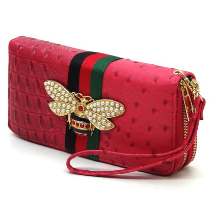 Queen Bee Stripe Ostrich Double Zip Around Wallet - Tigbul's Variety Fashion Shop