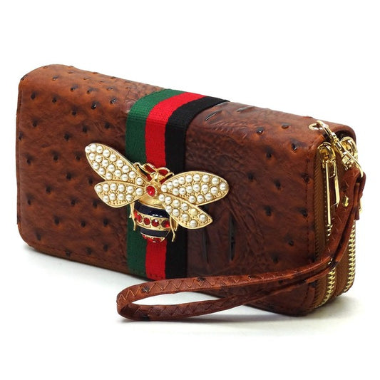 Queen Bee Stripe Ostrich Double Zip Around Wallet - Tigbul's Variety Fashion Shop