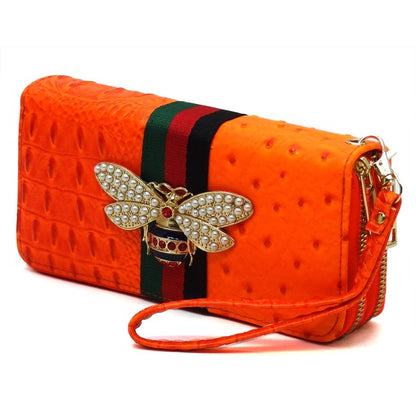 Queen Bee Stripe Ostrich Double Zip Around Wallet - Tigbul's Variety Fashion Shop