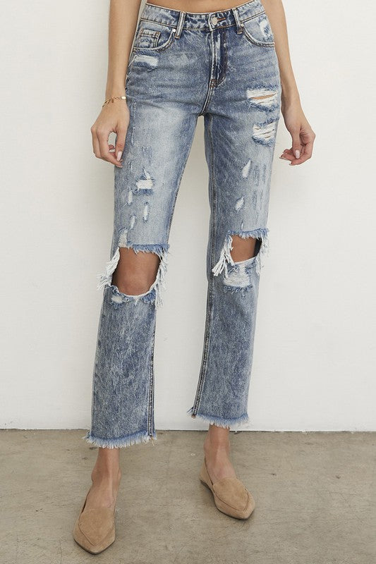 High Rise Ripped Frayed Hem Straight Jeans - Tigbuls Variety Fashion