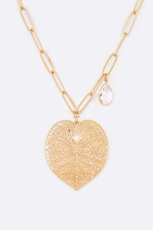 Cutout Leaf Teardrop Crystal Pendant Necklace - Tigbul's Variety Fashion Shop