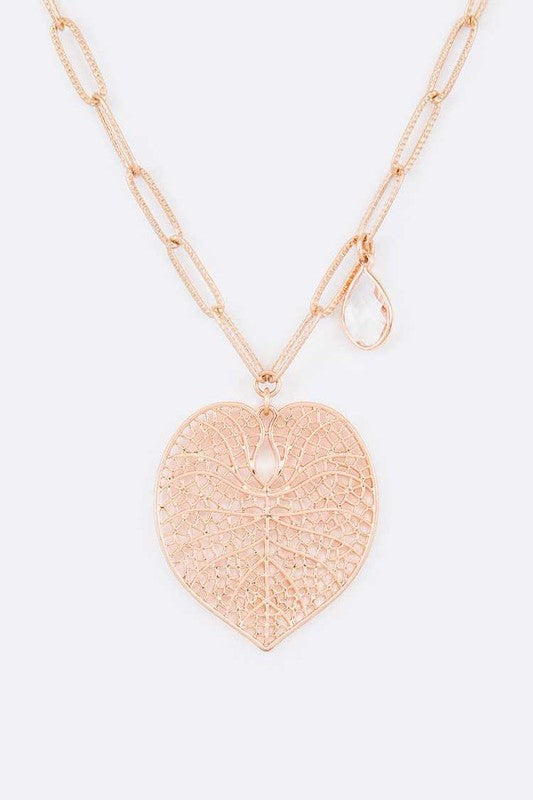 Cutout Leaf Teardrop Crystal Pendant Necklace - Tigbul's Variety Fashion Shop