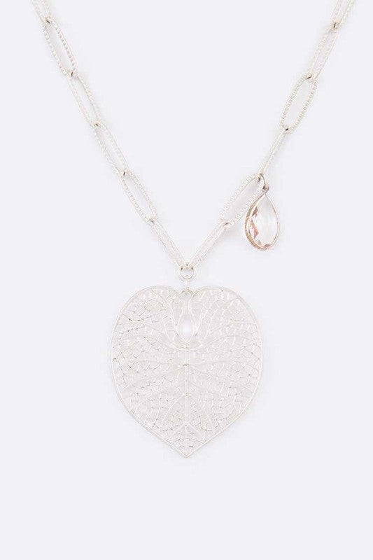 Cutout Leaf Teardrop Crystal Pendant Necklace - Tigbul's Variety Fashion Shop