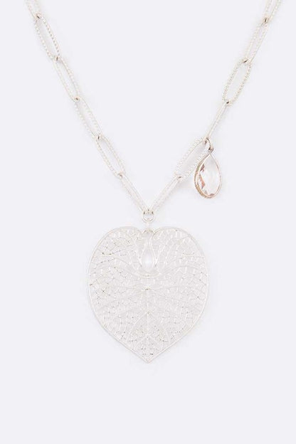 Cutout Leaf Teardrop Crystal Pendant Necklace - Tigbul's Variety Fashion Shop