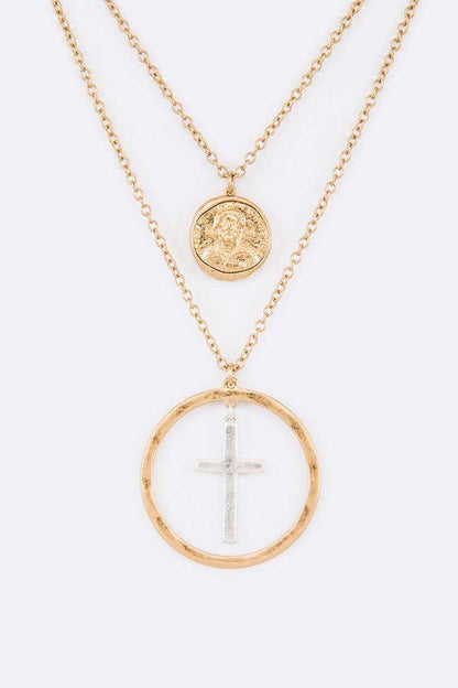 Mix Tone Cross Coin Pendant Necklace - Tigbul's Variety Fashion Shop