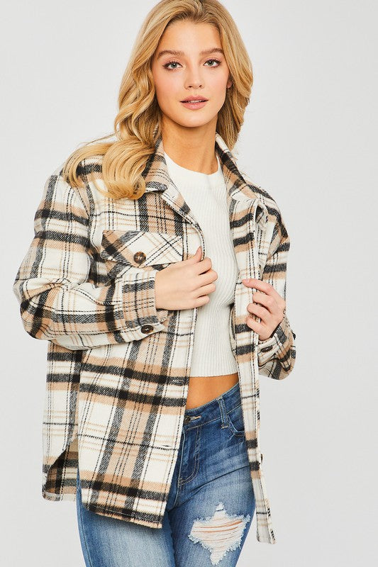 Women's Plaid Bust Pockets Shacket - Tigbuls Variety Fashion