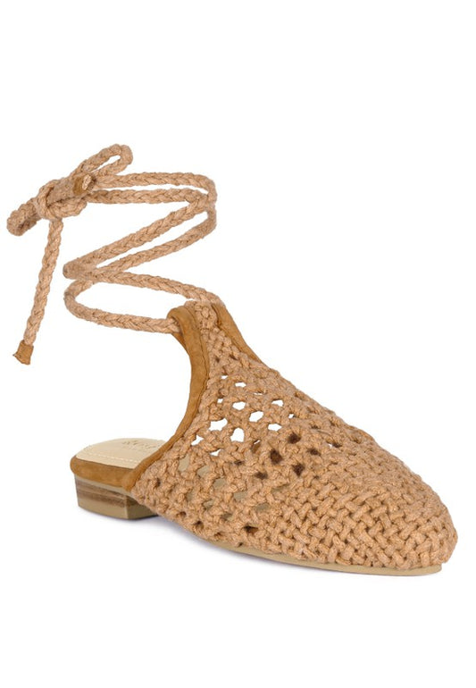 BARTSI HANDWOVEN COTTON TIE UP MULE FLATS - Tigbul's Variety Fashion Shop