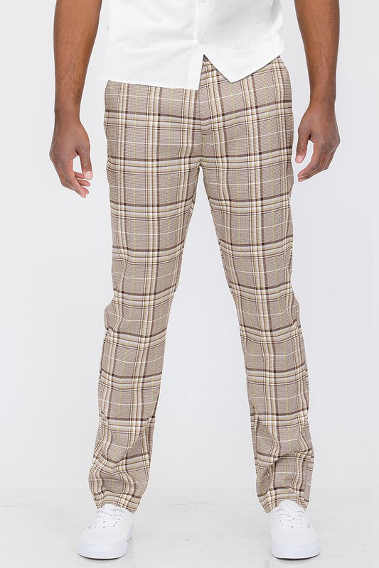 Weiv Men's Brown Plaid Slim Fit Trouser Pants - Tigbul's Variety Fashion Shop