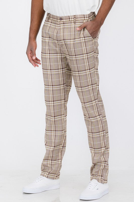 Weiv Men's Brown Plaid Slim Fit Trouser Pants - Tigbul's Variety Fashion Shop