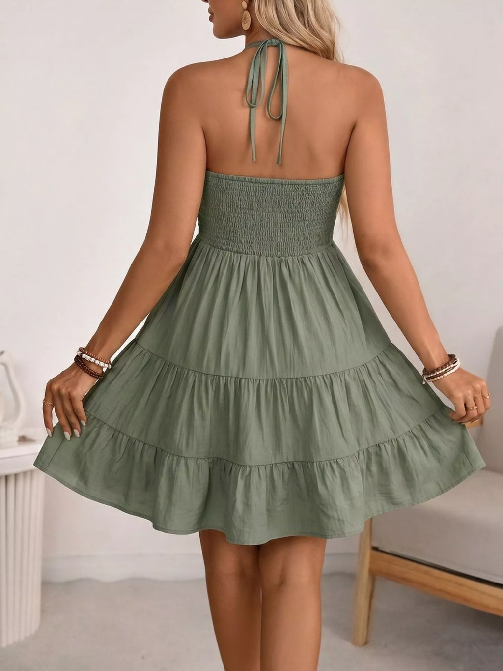 Casual Halter Neck Tiered Mini Dress - Tigbul's Variety Fashion Shop