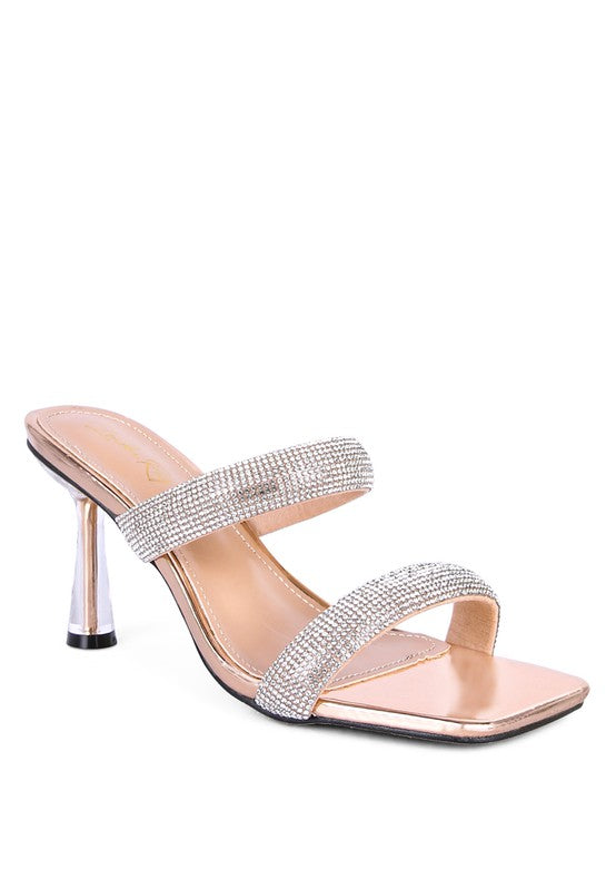 DOLLS DIAMANTE MID HEEL SLIDE SANDALS - Tigbul's Variety Fashion Shop