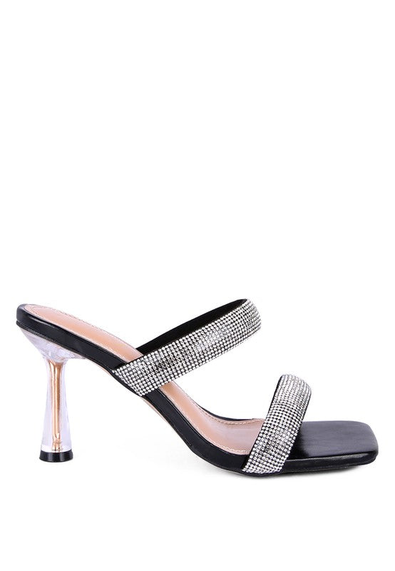 DOLLS DIAMANTE MID HEEL SLIDE SANDALS - Tigbul's Variety Fashion Shop