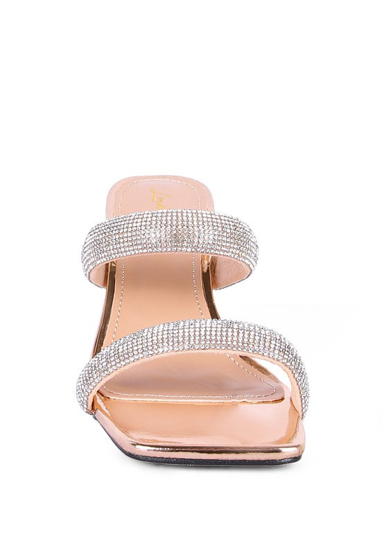DOLLS DIAMANTE MID HEEL SLIDE SANDALS - Tigbul's Variety Fashion Shop